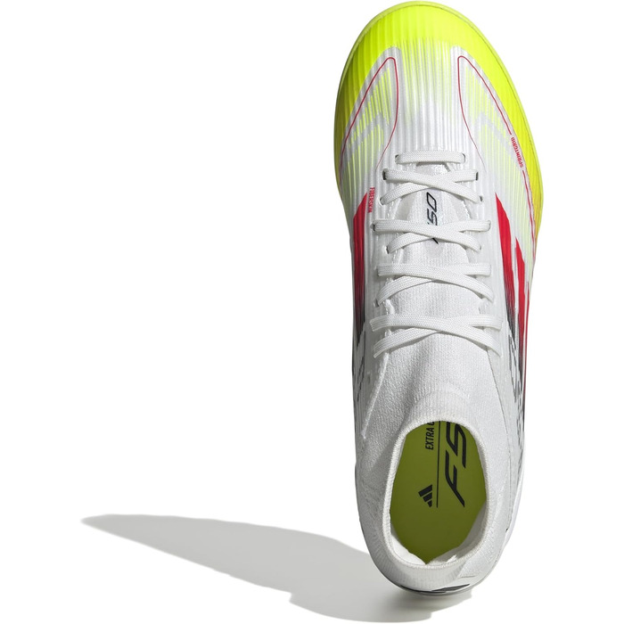 Жіночі футбольні бутси adidas F50 League Mid для гри на траві, розмір 38 2/3 EU, кольори: Cloud White, Lucid Red, Solar Yellow