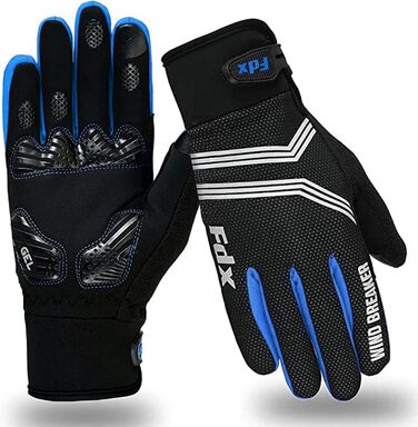 Зимові вело рукавички FDX з повним пальцем, дихаючі, водовідштовхувальні, вітронепроникні, з гелевою підкладкою, сумісні з сенсорними екранами, нековзкі, теплі – ідеальні для MTB, шосе, їзди на велосипеді та бігу. Чорний/Білий (Чорний/Синій, XL)