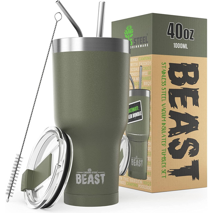 Термочашка Beast 1050 мл армійсько-зелена, багаторазова, з 2 трубочками та щіткою, двошаровий термостакан з нержавіючої сталі для кави або айс-кави, 40 унцій