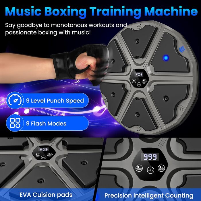 Музичний боксерський тренажер: електронна машина для ударів з Bluetooth, 9 режимів, лічильник ударів, для дорослих (сірий)