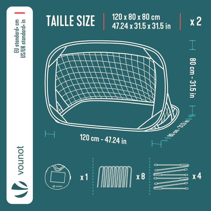 Набір футбо́льних воріт Pop-Up Vounot 2 шт., 120 x 80 x 80 см, з сумкою, для дітей, портативні, розкладні, для саду, вулиці та тренувань