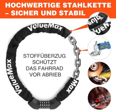 Замок для велосипеда ValueMax з кодовим замком, 100 см, 5-значний код, сталевий ланцюг 8 мм, чорний/білий