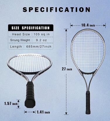 Набір тенісних ракеток 2 шт. для сім'ї та початківців, 27 дюймів, для гри на відкритому повітрі