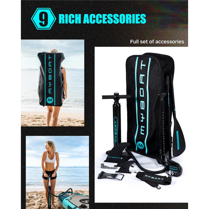 Надувне SUP-борд MYBOAT 30,5 x 86,4 x 15,2 см для риболовлі та відпочинку, з аксесуарами: 3 фінки, двосторонні еластичні шнури, кріплення для камери, ручна помпа, весло, водонепроникний мішок 5 л, мотузка