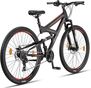 Гірський велосипед Licorne Bike Strong 2D Premium 29 дюймів, чорний/червоний, дискові гальма, 21 швидкість, повна амортизація для юнаків, дівчат, жінок і чоловіків