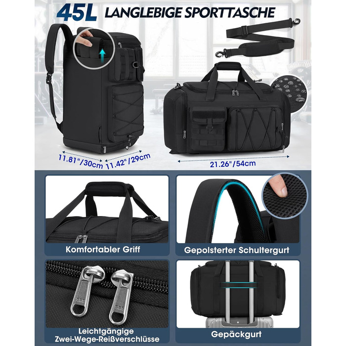 Спортивна сумка RAINSMORE 45L 3-в-1 для фітнесу та подорожей, водонепроникна дорожня сумка з відділенням для взуття та мокрих речей, чорна