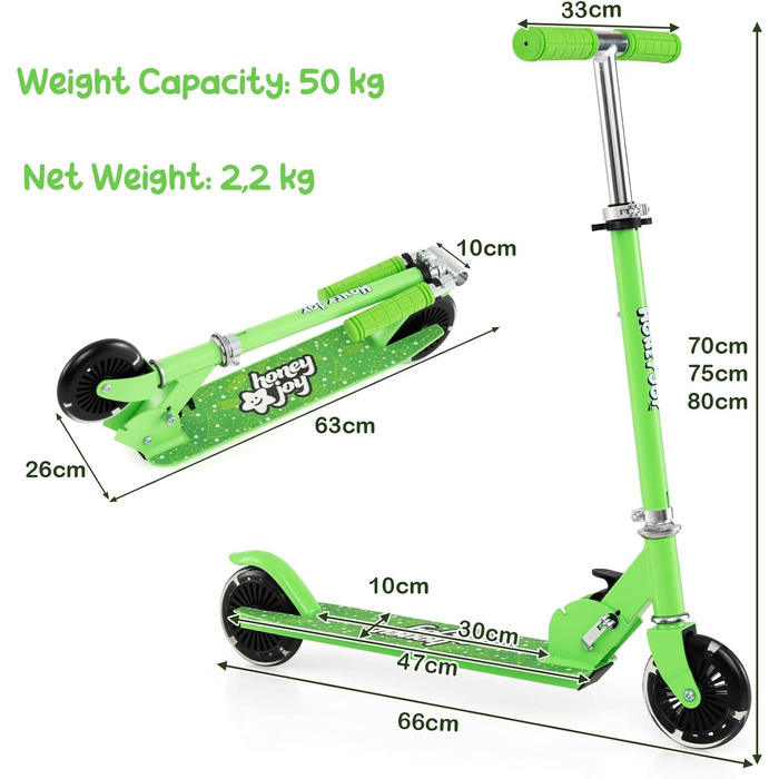 Дитячий самокат Kinder Scooter з LED колесами, алюмінієвий, складаний, регульована висота (до 50 кг), зелений