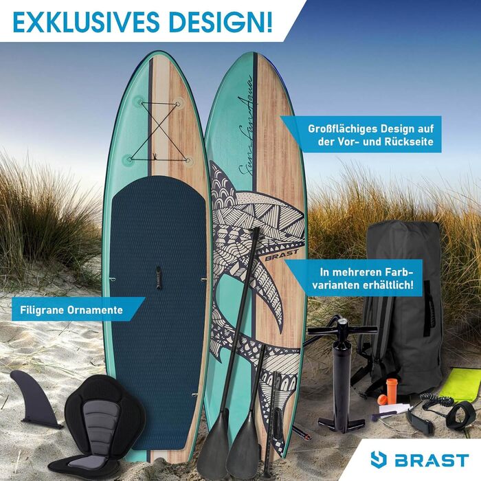 Надувний SUP Board BRAST Retro | Комплект для станд-ап паддлбордингу | 320x81x15 см | 3 моделі | 5 років гарантії | з аксесуарами | 2в1: SUP board та каяк | Action-Cam, петля для ніг, насос, рюкзак | Колір: NATURAL