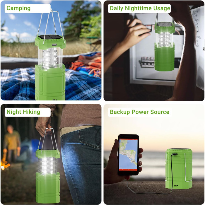 Сонячна кемпінгова лампа LED, водонепроникна, з ручкою, акумулятор 3000mAh, для туризму, риболовлі, SOS, відключень електроенергії (зелена)