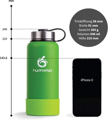 Гідрофляга hydro2go X-AlpsBottle 1 л, нержавіюча сталь, термос, вакуумна ізоляція, 3 кришки, для спорту та туризму, лаймова