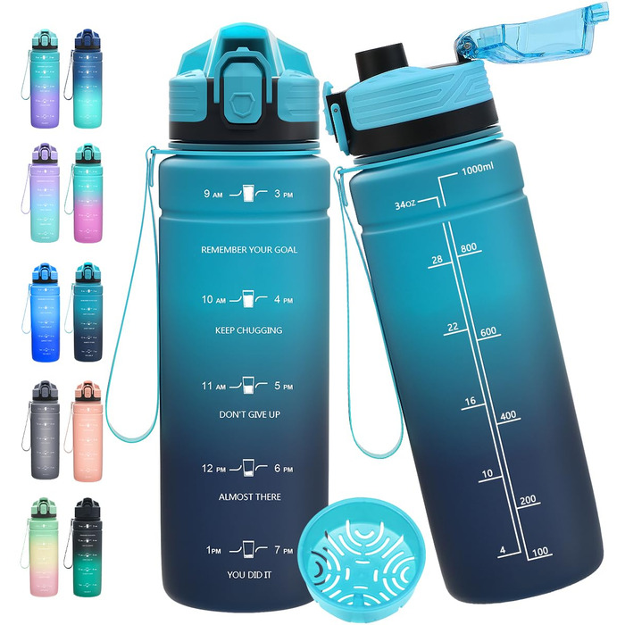 Спортивна пляшка для води Tritan 1L/500ml/700ml/1500ml, BPA-free, з маркуванням часу, витокозахисна, для фітнесу, велосипеду, відпочинку, йоги, спортзалу, школи, 1000ml, темно-зелений, темно-синій