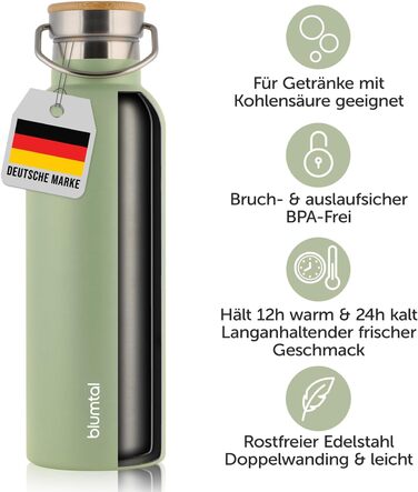 Термос-пляшка Blumtal 1л з нержавіючої сталі, подвійні стінки, ізоляція, без BPA, 1000 мл, зелений колір