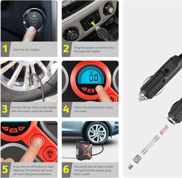 Автокомпресор WindGallop 12V з манометром і LED, для шин авто, велосипедів, м'ячів, басейнів, адаптери, червоний