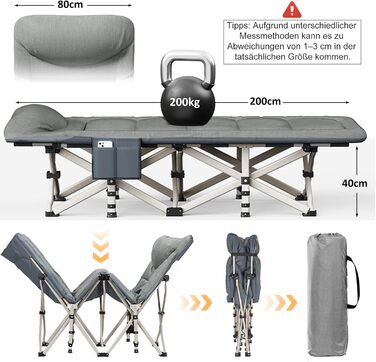 Кемпінгове ліжко Caliyo складне, з матрацом 200 x 80 x 40 см, до 200 кг, з мішком для зберігання, сірий