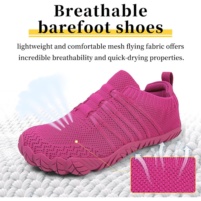 Босижні кросівки для жінок та чоловіків. Широкі босижні кросівки для бігу, трейлраннінгу, фітнесу. Zero-Drop підошва, кросівки з широкою передньою частиною. Легкі, дихаючі, комфортні, антиковзкі. Розміри 36-46 EU (36 EU, Рожево-червоний)
