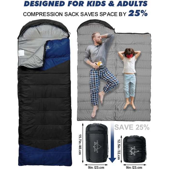 Спальні мішки для дорослих та дітей – для холодної та теплої погоди. Водонепроникний, легкий спальний мішок для кемпінгу, піших прогулянок та трекінгу (з компресійним мішком). Підходить для 3-4 сезонів, 10-20°C, 1.5KG – Чорний