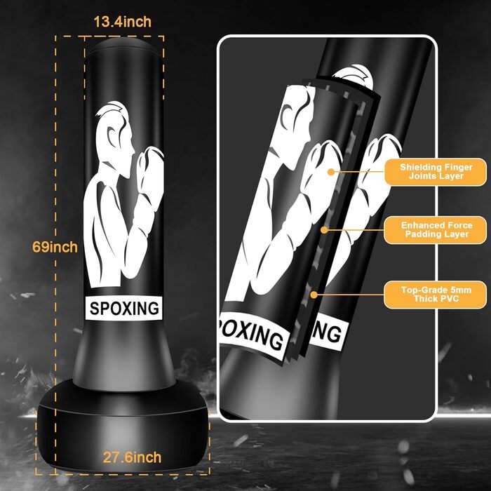 Вільностоячий важкий боксерський мішок Spoxing 177,8 см з регульованою стійкою для боксу, MMA, Муай Тай, карате та фітнесу для дорослих, чоловіків, жінок і початківців