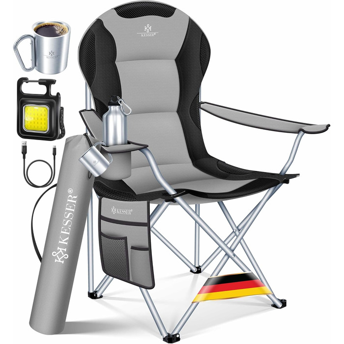Крісло для кемпінгу KESSER® з підлокітниками, високою спинкою, місткістю до 150 кг, сіре/чорне, з підсвіткою та тримачем для напоїв