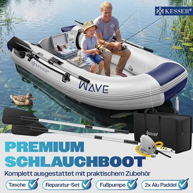 Надувний човен KESSER® Wave 230-320 см, комплект 6 в 1: човен, лавка, насос, весла, ремкомплект, сумка. Для моря, річки, мотора. Сіро-блакитний