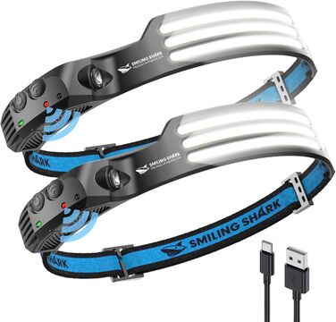 Налобний ліхтар Smiling Shark 2 шт. - 230° кут огляду, 3 LED, біле світло, водонепроникний, для бігу, кемпінгу