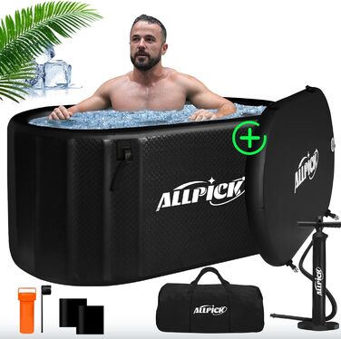 Складна крижанa ванна ALLPICK 150 см з кришкою, 370 л, для спортсменів, сумісна з охолоджувачем, для кріотерапії, для вулиці та дому, чорна