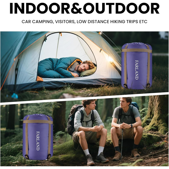 Сплячі мішки FARLAND для дорослих, підлітків та дітей, до 6.7°C, 3-4 сезони, водонепроникні, з компресійним мішком, для кемпінгу, трекінгу та подорожей, фіолетовий (R-Zip), розмір Medium (87'x29.5')