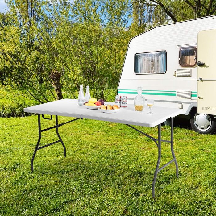 Складаний стіл RELAX4LIFE з ручкою для перенесення, 153 x 74 x 74 см, білий. Витримує до 150 кг. Ідеальний для кемпінгу, саду, балкону, пікніків та ринку.