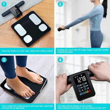 Розумна ваги для тіла з ручкою, 8 електродів, 28 показників, сегментне вимірювання рук/ніг/тулуба, великий дисплей, синхронізація з додатком, до 180 кг