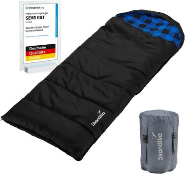Спальний мішок Skandika Dundee Junior для дітей | Теплий, м'який, водонепроникний, 175 x 70 см, діапазон комфорту 13-3°C, чорно-блакитний в клітинку