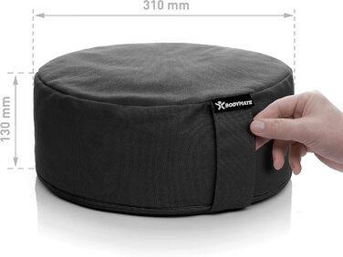 Йога подушка BODYMATE кругла 31см, 13см, з наповнювачем з лушпини гречаної, знімний чохол 100% бавовна, для медитації та сидіння, чорна