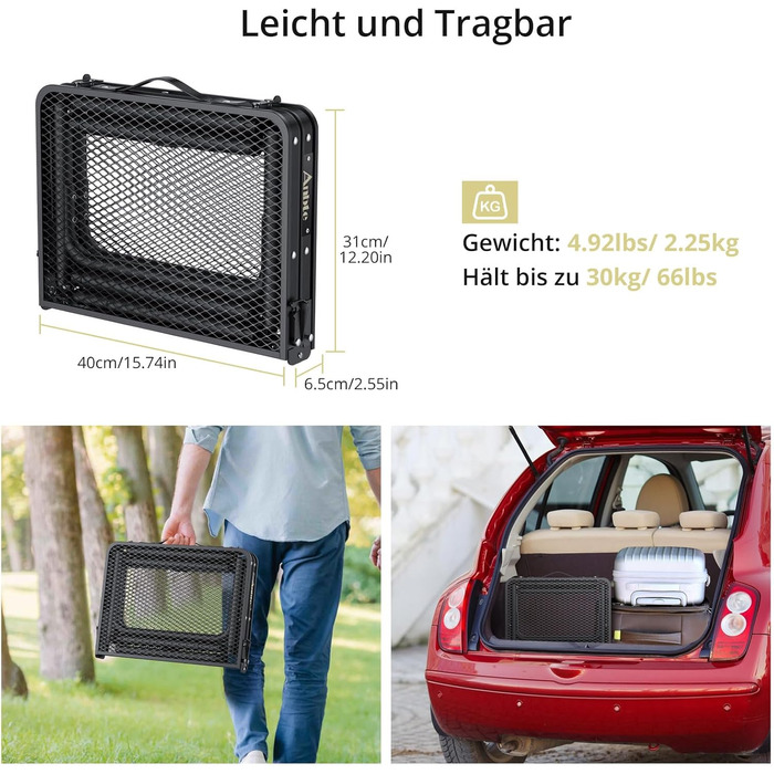 Стіл для кемпінгу Anbte Grilltisch 58x40 см, металевий, регульована висота (26/48/70 см), алюмінієвий каркас, чорний