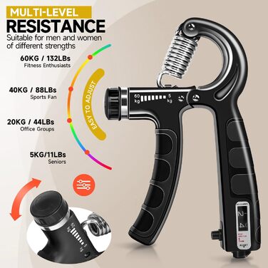 Набір для тренування рук Flintronic: тренажер зап'ястя з лічильником, регулювання ваги 5-60 кг, тренажер пальців для фітнесу, альпінізму, силових тренувань та реабілітації. Оранжевий (5 шт.) та чорний (5 шт.)