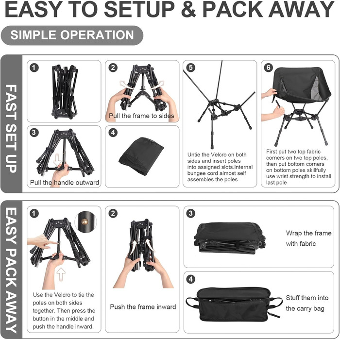 Складний туристичний стілець TOPCHANCES для кемпінгу та відпочинку на природі, чорний. Максимальне навантаження: 150 кг, з бічною кишенею та дихаючою сіткою.