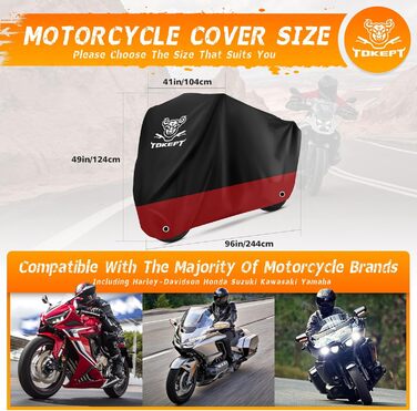 Чорна мотоциклетна накидка з червоною вставкою, 210D Oxford, захист від сонця та води, 96 дюймів (XL) - Harley Davidson, Honda, Suzuki, Kawasaki, Yamaha