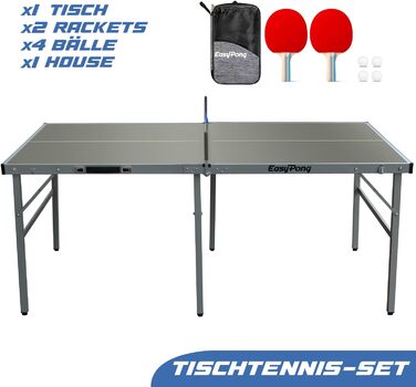 Стіл для настільного тенісу EasyPong OriginalCup, 182x91 см, сірий, преміум-якість, для вулиці та приміщення, з ракетками та м'ячами, легкий, стійкий