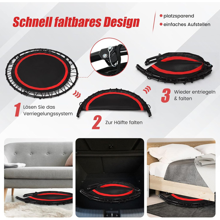 Фітнес-батут COSTWAY 101 см з регульованою ручкою та 2 еластичними стрічками, складаний батут для дорослих та дітей, витримує до 150 кг, червоний