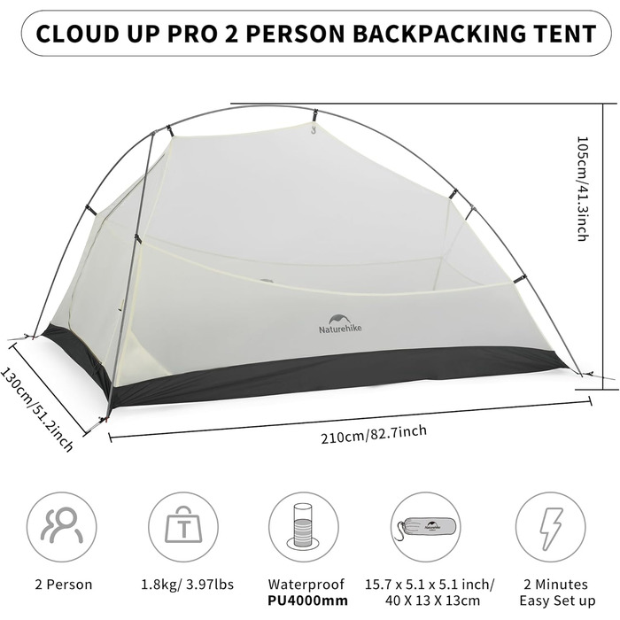 Намет Naturehike Cloud Up Pro 2 особи, легкий туристичний намет для кемпінгу, вітро- та водонепроникний, колір хакі