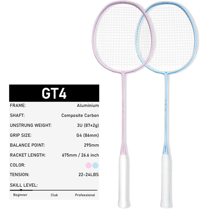Набір для бадмінтону OGEENIER: 2 ракетки, 2 ручки, 2 волана, 1 ракетка з сумкою (білий, рожевий+блакитний, 3 1/4 дюйми)