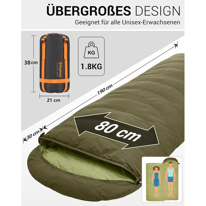 Сплячий мішок KingCamp для дорослих 3-в-1, XXL, бавовна, фланель, зимовий, знімний ковдра, легкий, теплий (пух & Coldmaster 640г)
