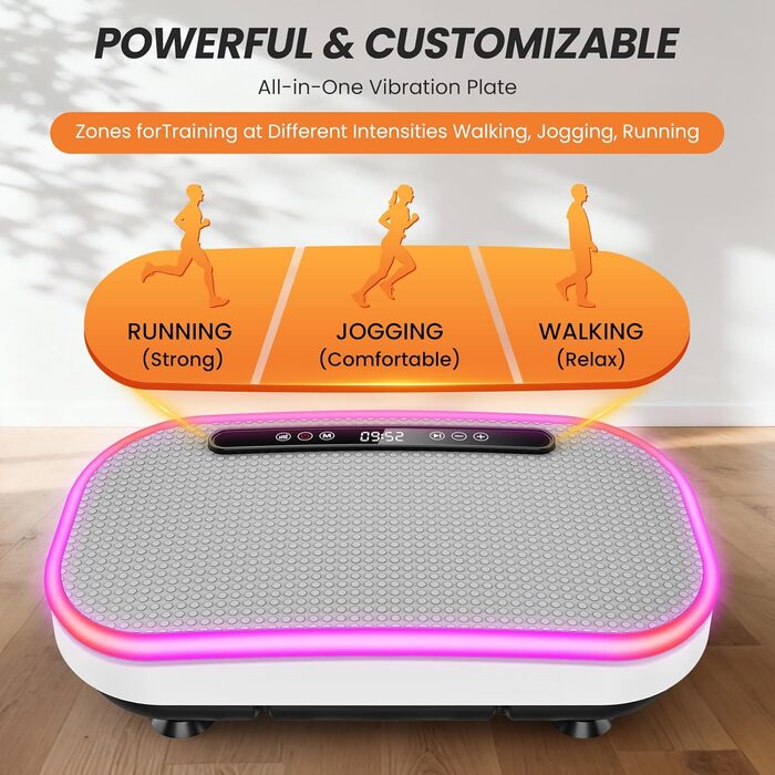 Вібраційна платформа для схуднення з еластичними гумками, 9 режимів, 120 рівнів інтенсивності, Bluetooth, LED-дисплей, місткість 150 кг, білий