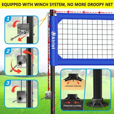 Волейбольна сітка Airist Heavy Duty для вулиці з системою проти провисання, регульовані алюмінієві стійки, професійний волейбольний комплект для двору та пляжу, сумка для перенесення (Блакитний)
