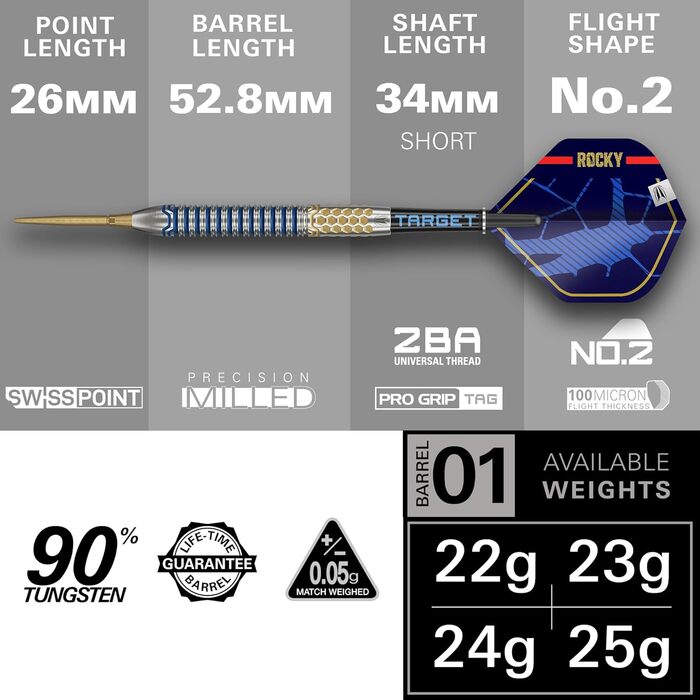 Дротики Target Josh Rock Gen 1 зі сталевим наконечником, 90% вольфраму, Swiss Point, 22/23/24/25 г, професійний набір для дартсу, гравецька серія