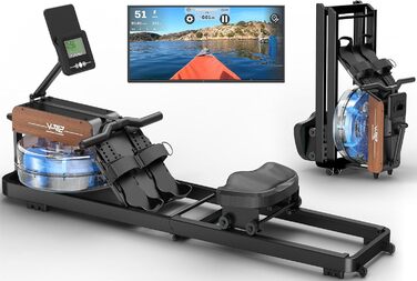 Складаний водяний гребний тренажер MettleMatic для дому, з Bluetooth, регульованим тримачем для планшета, вантажопідйомністю до 160 кг, на 98% зібраний