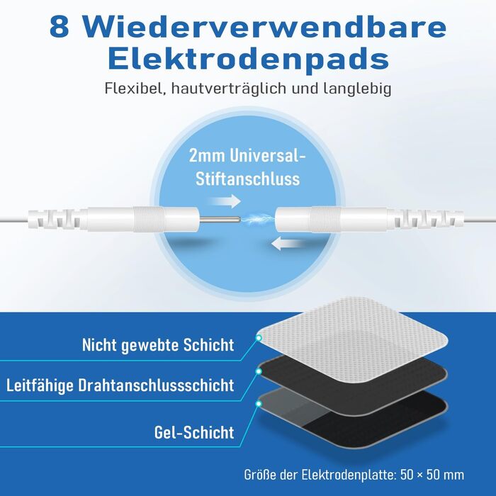 TENS пристрій для терапії болю, 5-в-1: TENS/EMS/IF/RUSS/DIY, для зняття болю, 80 програм масажу, 2 канали, 8 електродів, білий