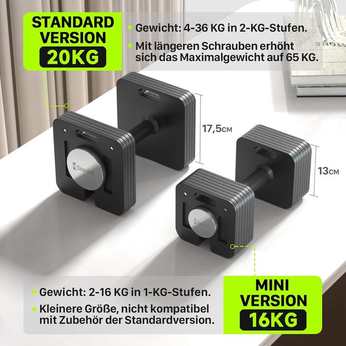 Eisenlink Регульована квадратна штанга (гантель) 1 шт. 20 кг / 36 кг - Інноваційна компактна регульована гантель з антиковзним руків'ям для фітнесу, тренувань у залі та вдома. 1 шт. 16 кг (1×16 кг)