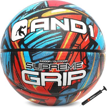 Баскетбольний м'яч AND1 Supreme Grip, розмір 7, гумовий, для вулиці та залу, синьо-червоний, з насосом