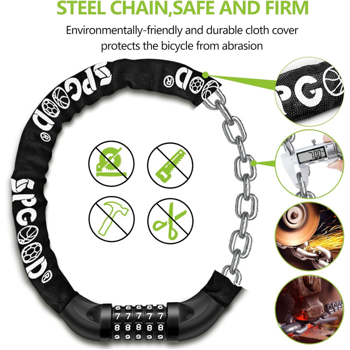 Замок для велосипеда з кодом (14 кольорів), ланцюговий замок, сталевий, висока безпека, A-чорний