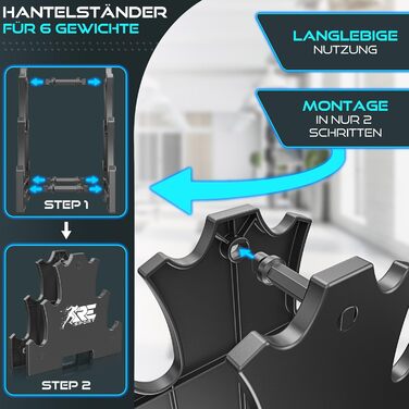 Набір гантелей RE:SPORT® 3 пари (1-5 кг, 12 кг або 18 кг) зі стійкою + 3 фітнес-гумки | Нековзкі гантелі з неопрену для жінок та чоловіків | Набір гантелей 12 кг, блакитний/сірий/темно-синій