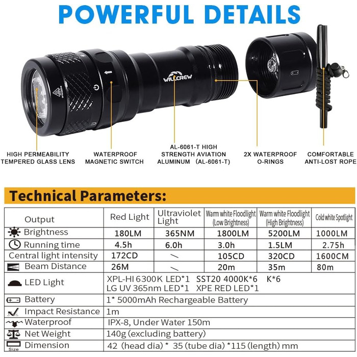 Willcrew DX70: Потужний водонепроникний дайверський ліхтар з регулюванням яскравості та UV/Red світлом, 3000 люменів, 100 метрів, для дайвінгу та фото/відео зйомки під водою