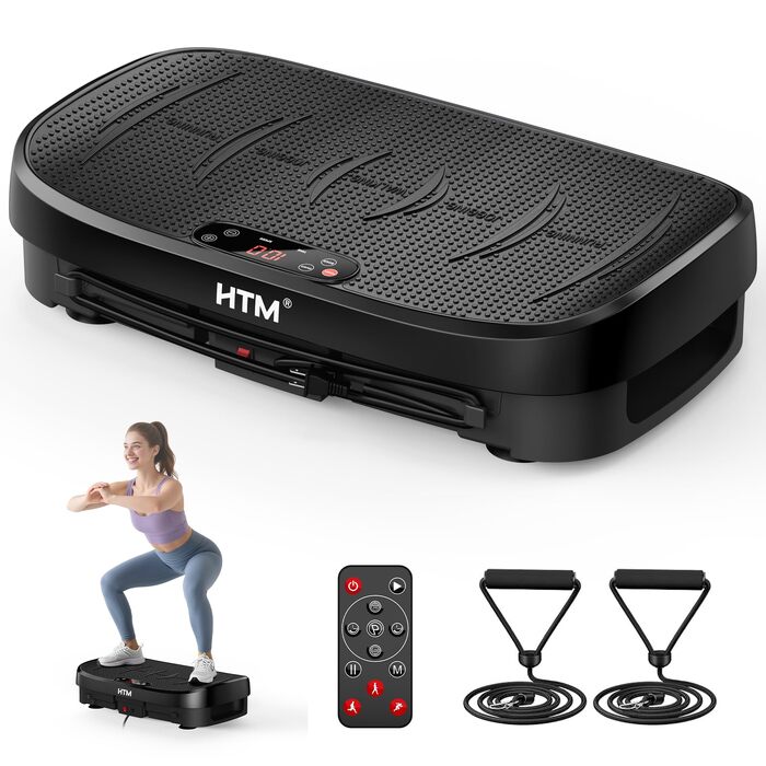 Віброплатформа для фітнесу HTM: вигнута платформа для всього тіла, 150 Вт, 120 рівнів швидкості, з еластичними стрічками та пультом керування, витримує до 150 кг